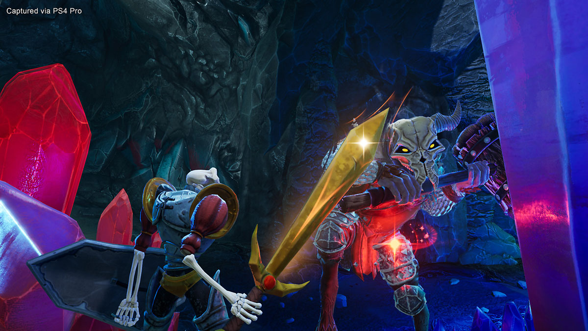the knight fighting a horned skeleton holding a large axe